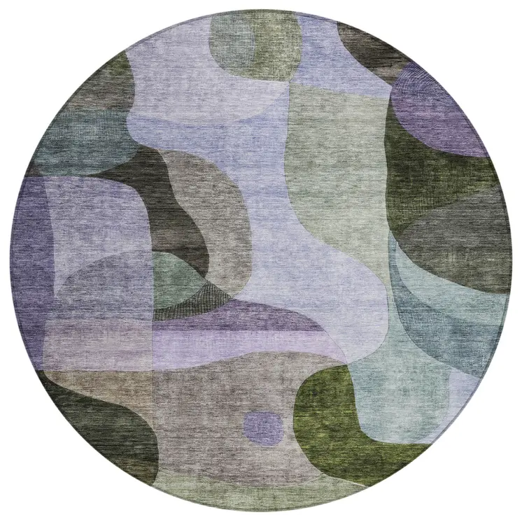 8' Olive Green Purple And Charcoal Round Abstract Washable Indoor Outdoor Area Rug