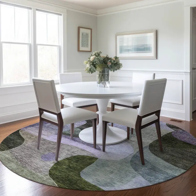 8' Olive Green Purple And Charcoal Round Abstract Washable Indoor Outdoor Area Rug