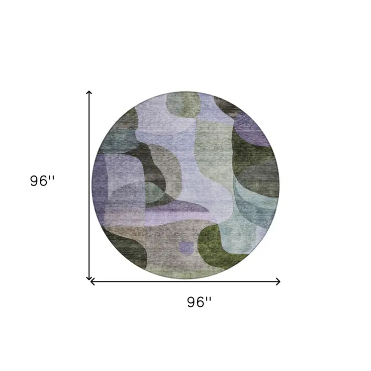 8' Olive Green Purple And Charcoal Round Abstract Washable Indoor Outdoor Area Rug
