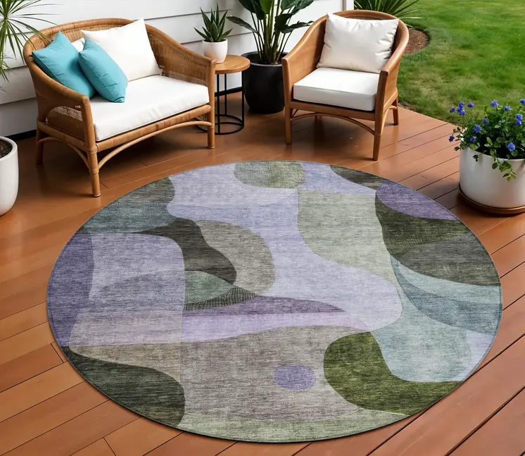 8' Olive Green Purple And Charcoal Round Abstract Washable Indoor Outdoor Area Rug