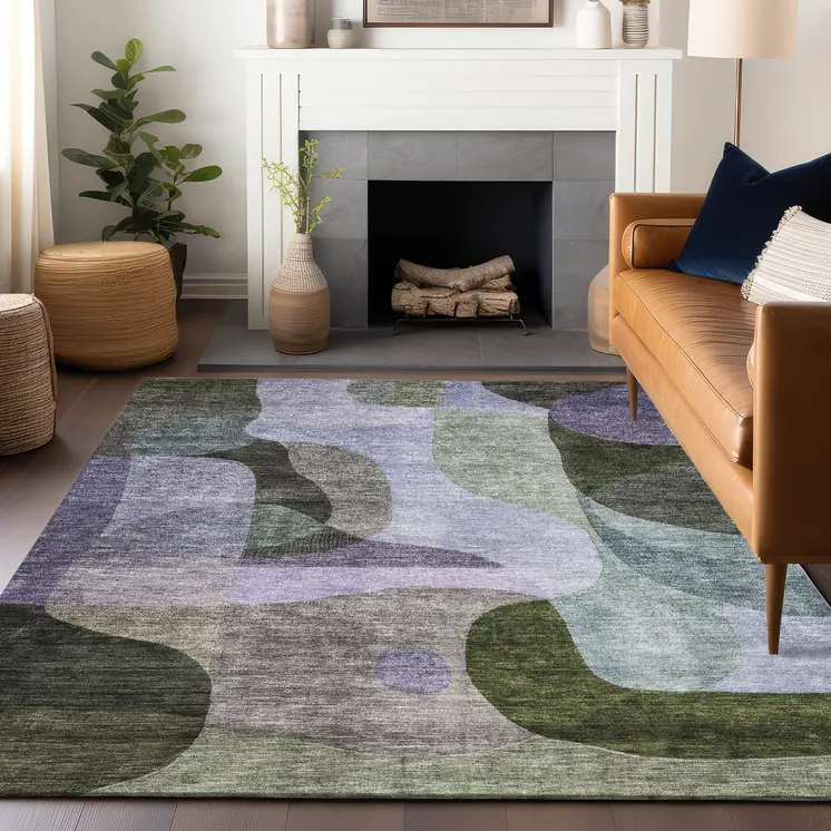 8' X 10' Olive Green Purple And Charcoal Abstract Washable Indoor Outdoor Area Rug