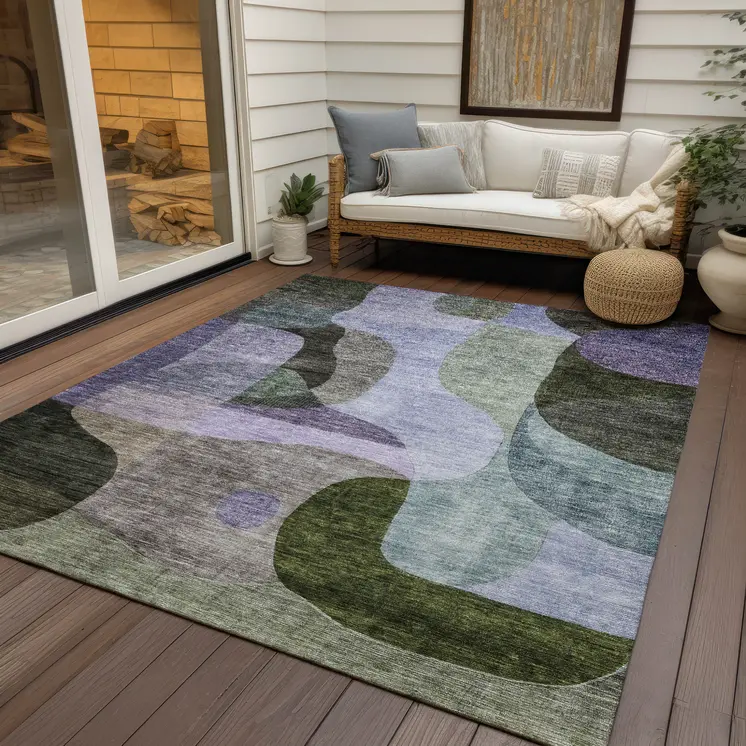 9' X 12' Olive Green Purple And Charcoal Abstract Washable Indoor Outdoor Area Rug