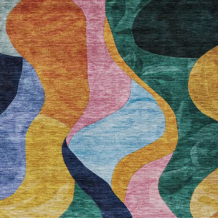 5' X 8' Green Orange And Pink Abstract Washable Indoor Outdoor Area Rug