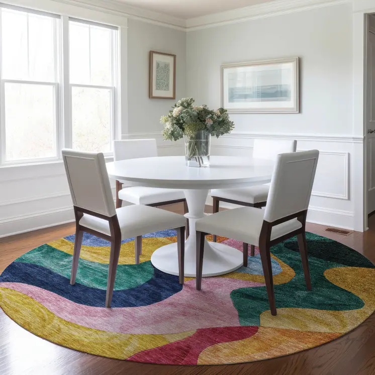 8' Green Orange And Pink Round Abstract Washable Indoor Outdoor Area Rug