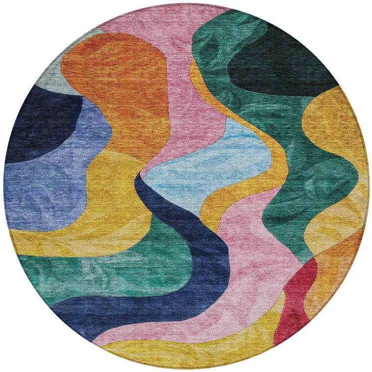8' Green Orange And Pink Round Abstract Washable Indoor Outdoor Area Rug