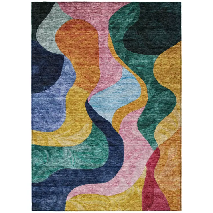 9' X 12' Green Orange And Pink Abstract Washable Indoor Outdoor Area Rug