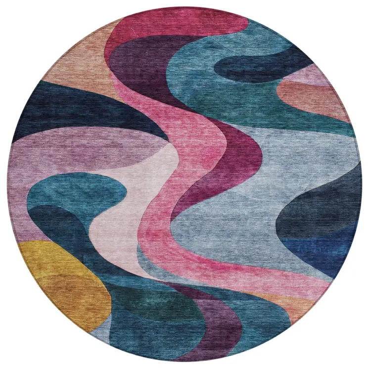 8' Green Pink And Teal Blue Round Abstract Washable Indoor Outdoor Area Rug