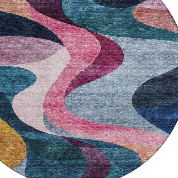 8' Green Pink And Teal Blue Round Abstract Washable Indoor Outdoor Area Rug