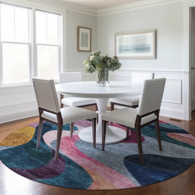 8' Green Pink And Teal Blue Round Abstract Washable Indoor Outdoor Area Rug