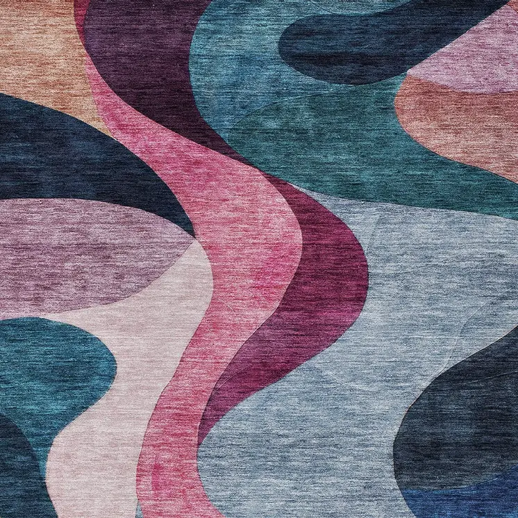9' X 12' Green Pink And Teal Blue Abstract Washable Indoor Outdoor Area Rug