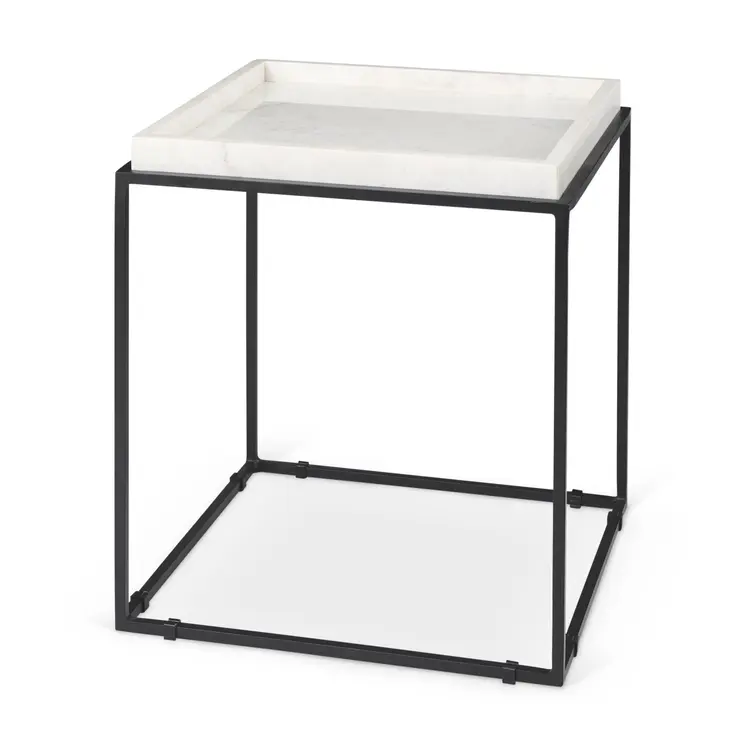 20" White and Black Marble and Metal Square Frame End Table
