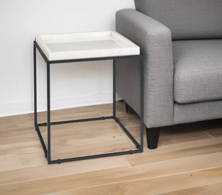 20" White and Black Marble and Metal Square Frame End Table