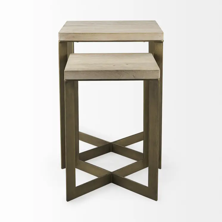 Set of Two Natural and Gold Solid Wood and Metal Square Cross Legs Nested Tables
