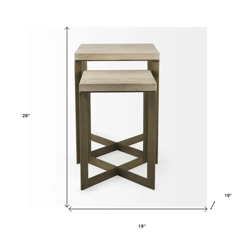 Set of Two Natural and Gold Solid Wood and Metal Square Cross Legs Nested Tables