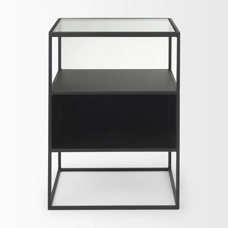 21" Clear and Black Glass and Metal Square Frame End Table With Two Shelves