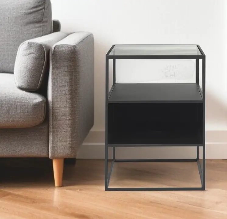 21" Clear and Black Glass and Metal Square Frame End Table With Two Shelves