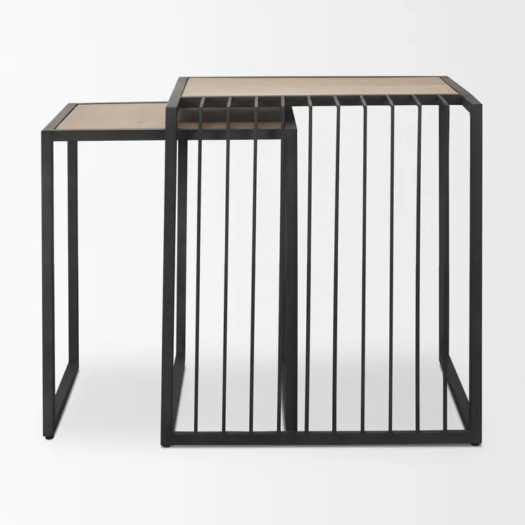 Set of Two Natural and Black Solid Wood and Metal Square Sled Nested Tables
