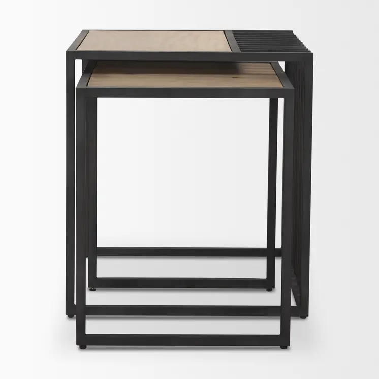 Set of Two Natural and Black Solid Wood and Metal Square Sled Nested Tables