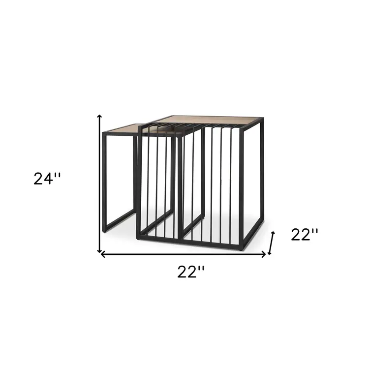 Set of Two Natural and Black Solid Wood and Metal Square Sled Nested Tables