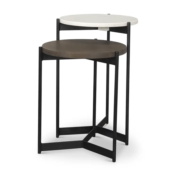 Set of Two Dark Brown and Black Marble Solid Wood and Metal Round Nested Tables