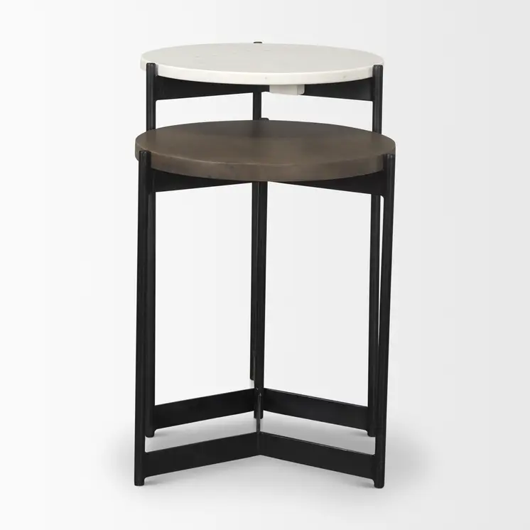 Set of Two Dark Brown and Black Marble Solid Wood and Metal Round Nested Tables