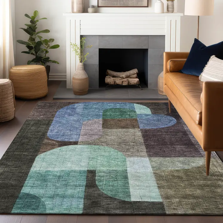 5' X 8' Brown Blue And Green Abstract Washable Indoor Outdoor Area Rug