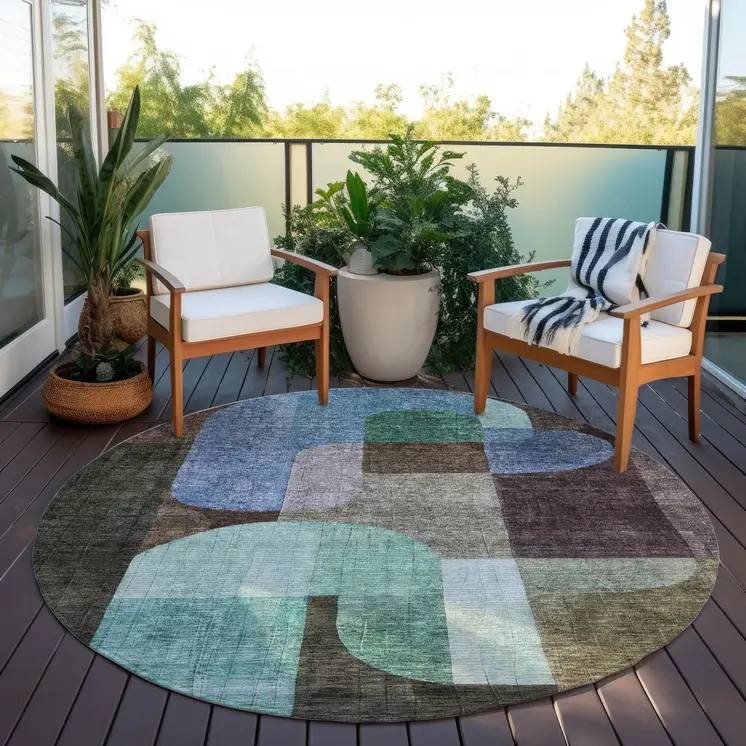 8' Brown Blue And Green Round Abstract Washable Indoor Outdoor Area Rug