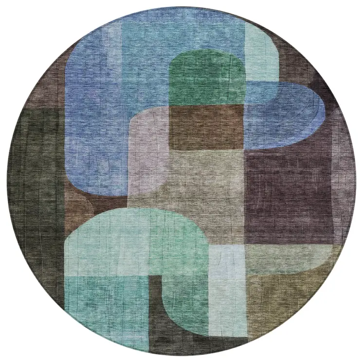 8' Brown Blue And Green Round Abstract Washable Indoor Outdoor Area Rug