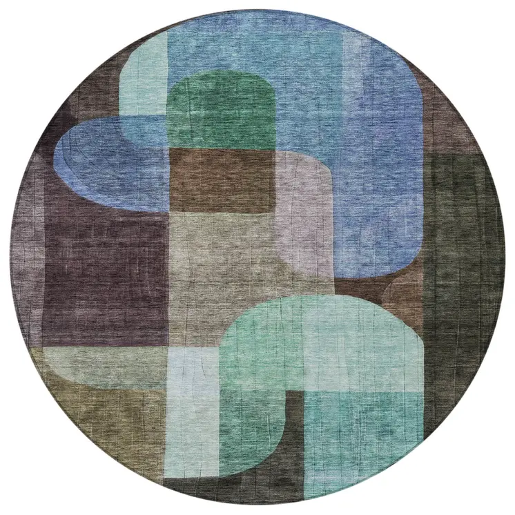 8' Brown Blue And Green Round Abstract Washable Indoor Outdoor Area Rug