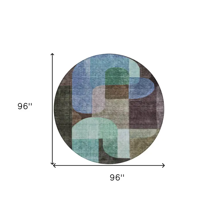 8' Brown Blue And Green Round Abstract Washable Indoor Outdoor Area Rug