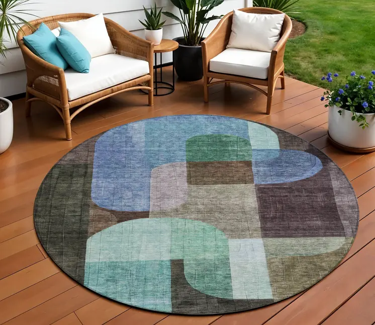 8' Brown Blue And Green Round Abstract Washable Indoor Outdoor Area Rug