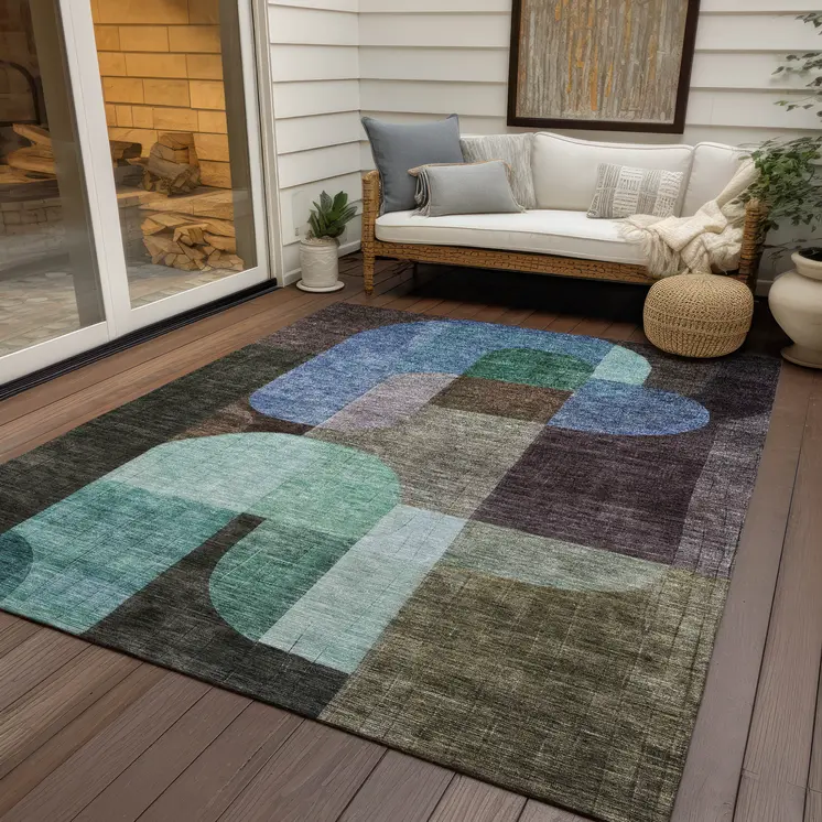 9' X 12' Brown Blue And Green Abstract Washable Indoor Outdoor Area Rug