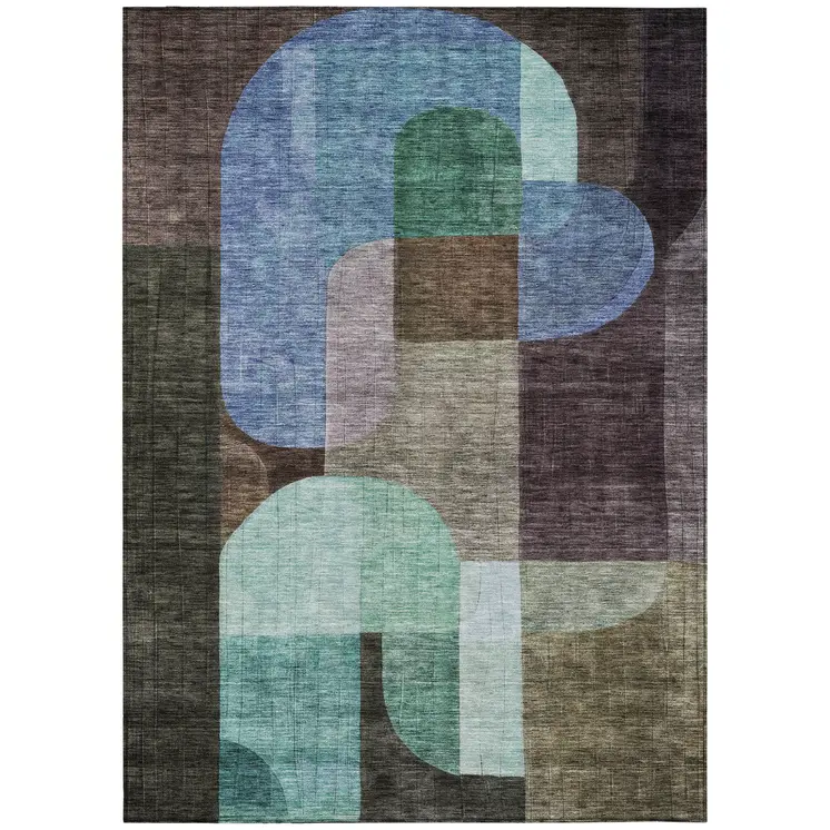 9' X 12' Brown Blue And Green Abstract Washable Indoor Outdoor Area Rug