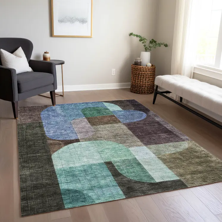 9' X 12' Brown Blue And Green Abstract Washable Indoor Outdoor Area Rug