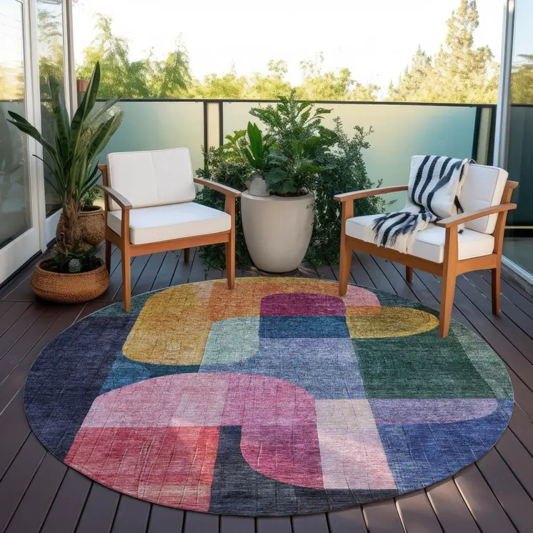 8' Green Copper And Pink Round Abstract Washable Indoor Outdoor Area Rug
