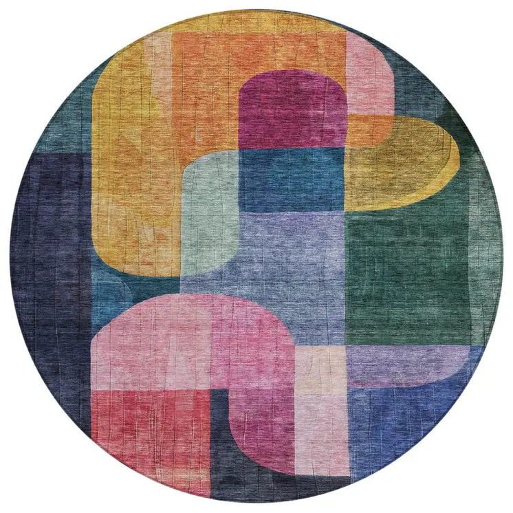 8' Green Copper And Pink Round Abstract Washable Indoor Outdoor Area Rug