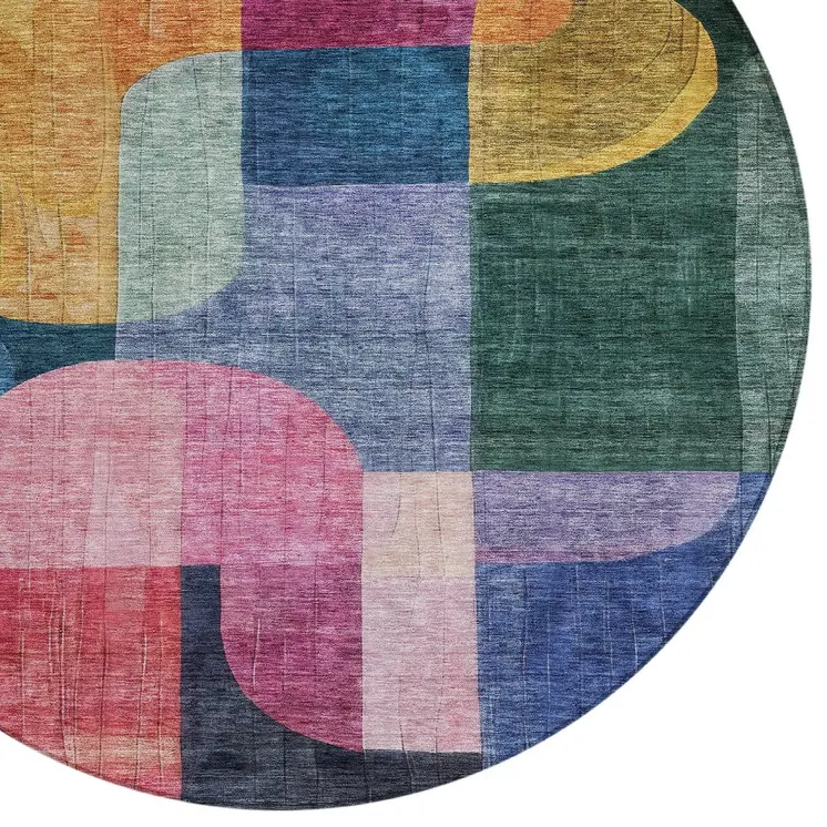 8' Green Copper And Pink Round Abstract Washable Indoor Outdoor Area Rug