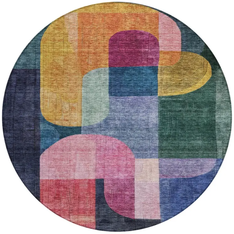 8' Green Copper And Pink Round Abstract Washable Indoor Outdoor Area Rug