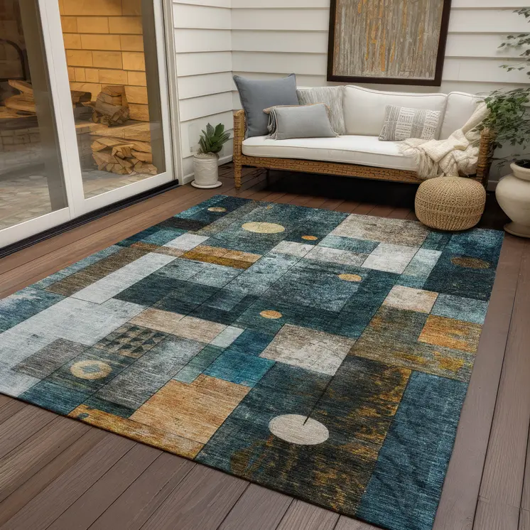 5' X 8' Teal Blue Gray And Gold Geometric Washable Indoor Outdoor Area Rug