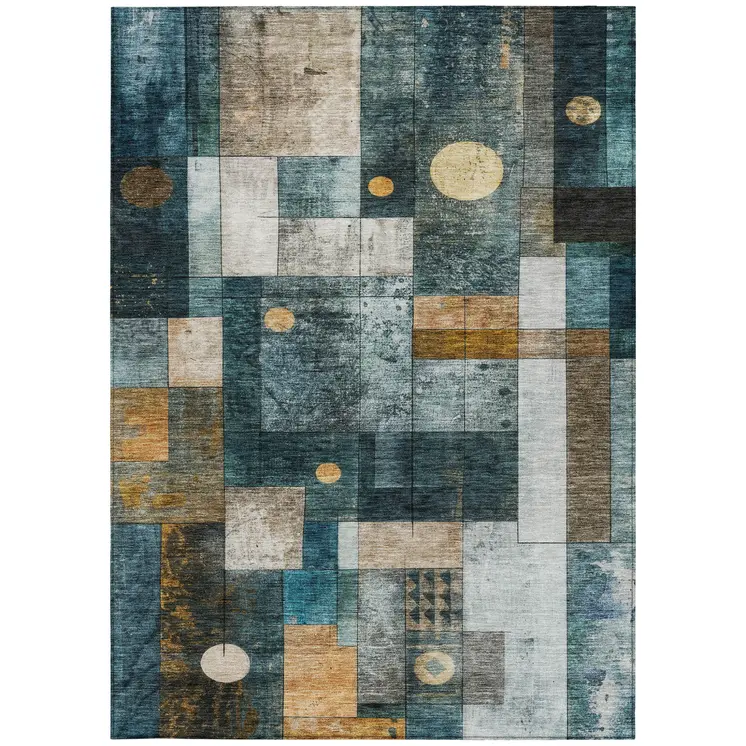 5' X 8' Teal Blue Gray And Gold Geometric Washable Indoor Outdoor Area Rug