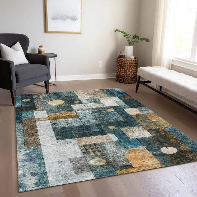 5' X 8' Teal Blue Gray And Gold Geometric Washable Indoor Outdoor Area Rug