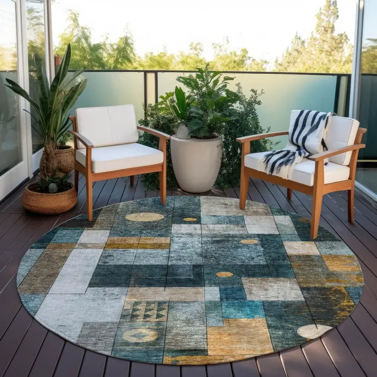 8' Teal Blue Gray And Gold Round Geometric Washable Indoor Outdoor Area Rug