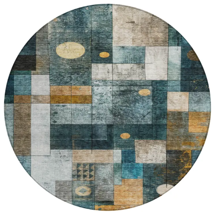 8' Teal Blue Gray And Gold Round Geometric Washable Indoor Outdoor Area Rug