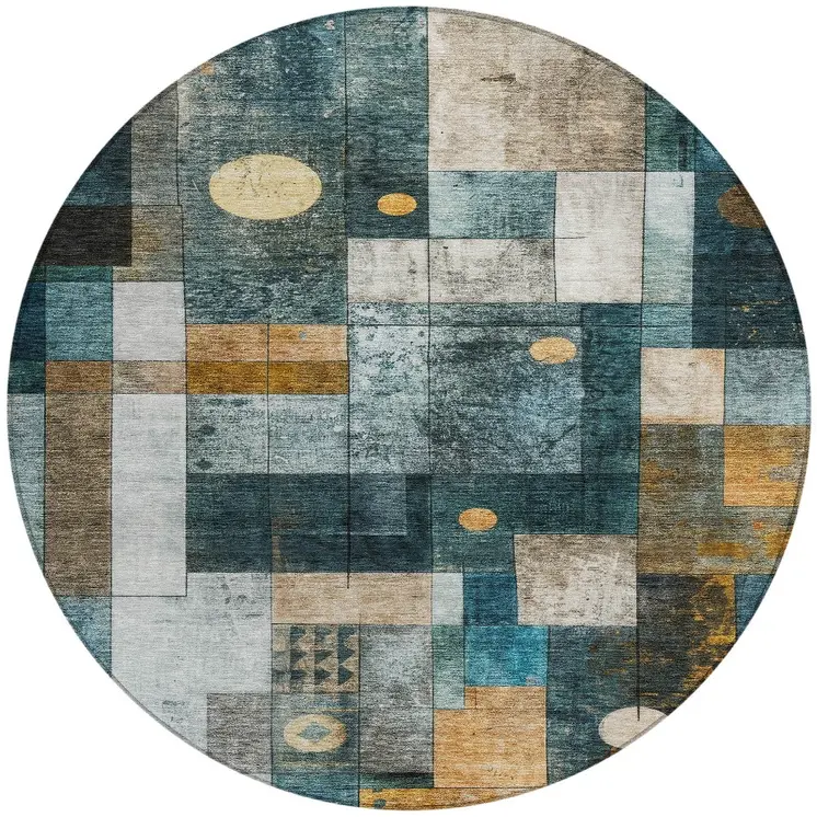 8' Teal Blue Gray And Gold Round Geometric Washable Indoor Outdoor Area Rug