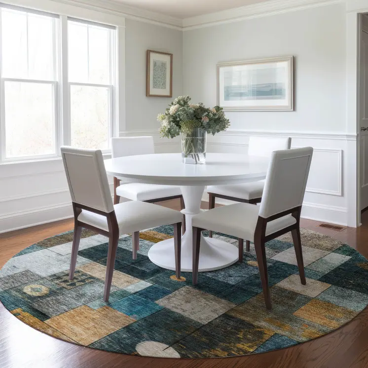 8' Teal Blue Gray And Gold Round Geometric Washable Indoor Outdoor Area Rug