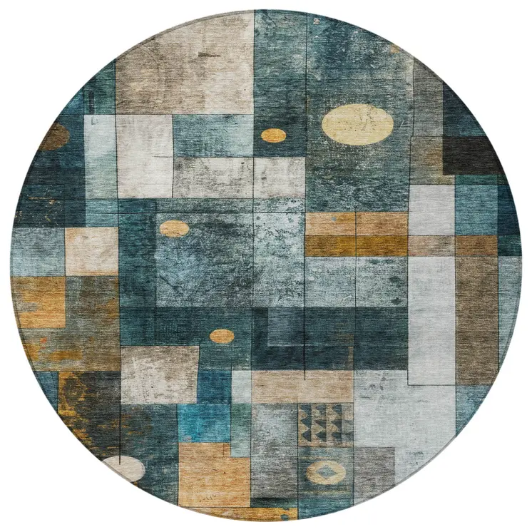 8' Teal Blue Gray And Gold Round Geometric Washable Indoor Outdoor Area Rug