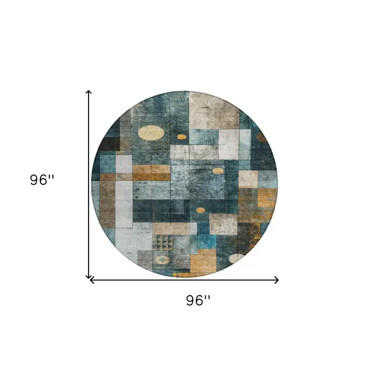 8' Teal Blue Gray And Gold Round Geometric Washable Indoor Outdoor Area Rug