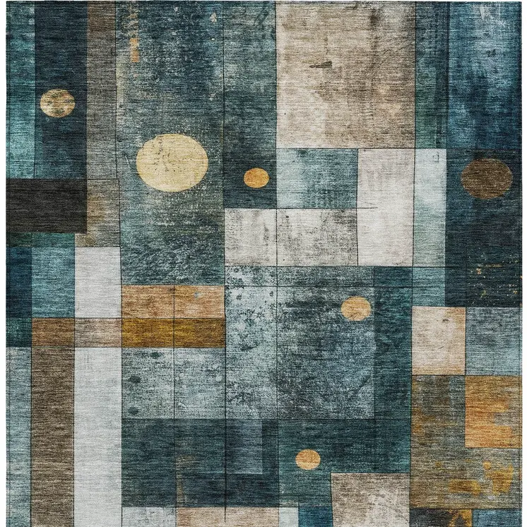 9' X 12' Teal Blue Gray And Gold Geometric Washable Indoor Outdoor Area Rug