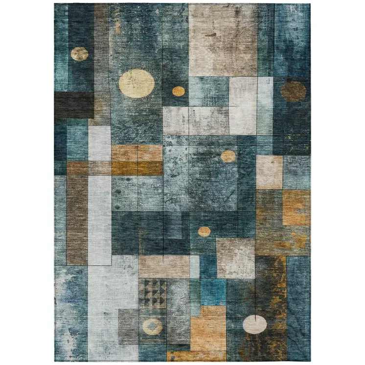 9' X 12' Teal Blue Gray And Gold Geometric Washable Indoor Outdoor Area Rug