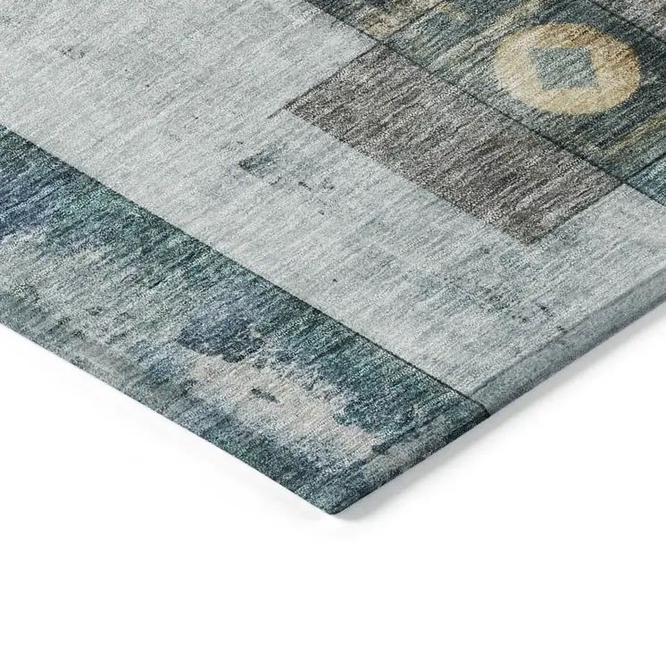 9' X 12' Teal Blue Gray And Gold Geometric Washable Indoor Outdoor Area Rug